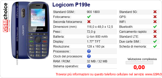 Logicom P199e Dati tecnici di telefono cellulare Logicom P199e Dati tecnici di telefono cellulare