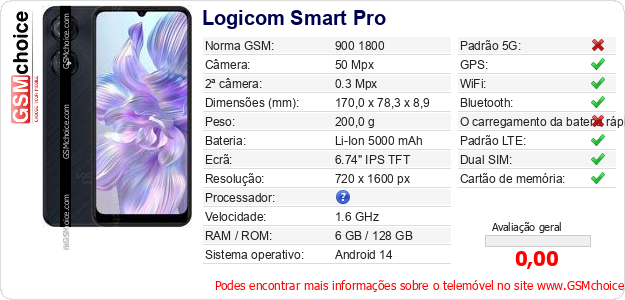 Logicom Smart Pro Especificações técnicas do telemóvel 