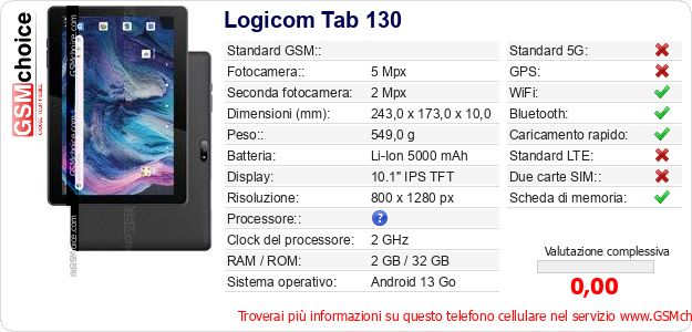 Logicom Tab 130 Dati tecnici di telefono cellulare 