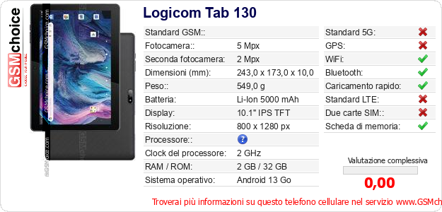 Logicom Tab 130 Dati tecnici di telefono cellulare Logicom Tab 130 Dati tecnici di telefono cellulare