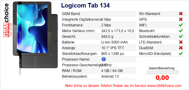 Logicom Tab 134 technische Daten Logicom Tab 134 technische Daten