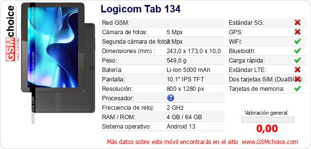 Logicom Tab 134 Datos técnicos del móvil Logicom Tab 134 Datos técnicos del móvil