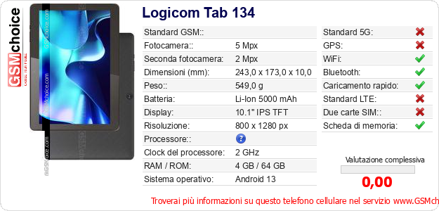 Logicom Tab 134 Dati tecnici di telefono cellulare 