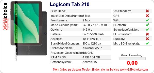 Logicom Tab 210 technische Daten Logicom Tab 210 technische Daten
