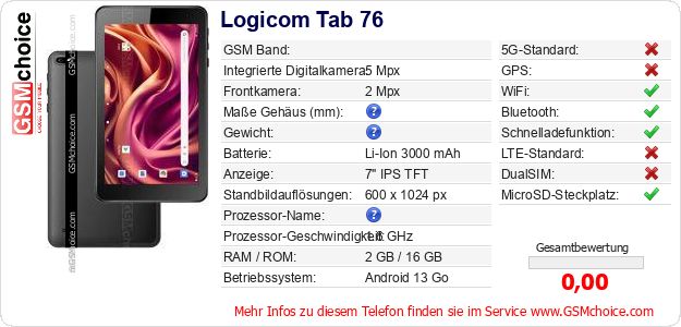 Logicom Tab 76 technische Daten Logicom Tab 76 technische Daten