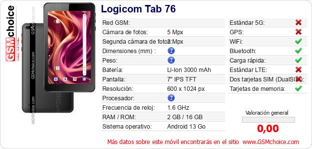Logicom Tab 76 Datos técnicos del móvil 