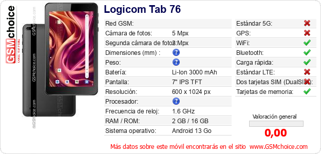 Logicom Tab 76 Datos técnicos del móvil Logicom Tab 76 Datos técnicos del móvil