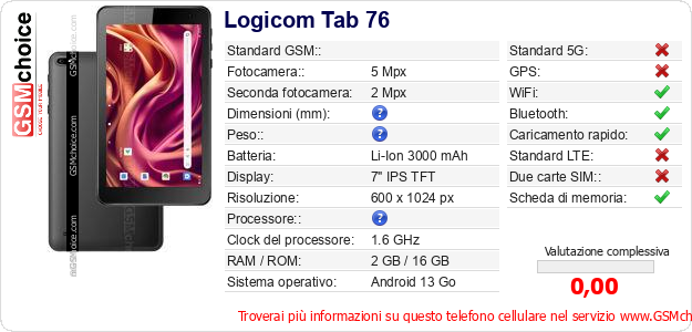 Logicom Tab 76 Dati tecnici di telefono cellulare 