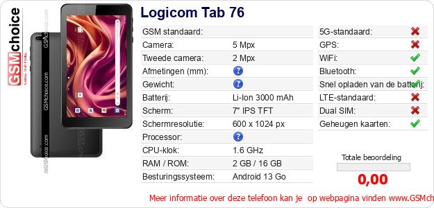 Logicom Tab 76 Technische gegevens 