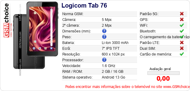 Logicom Tab 76 Especificações técnicas do telemóvel Logicom Tab 76 Especificações técnicas do telemóvel