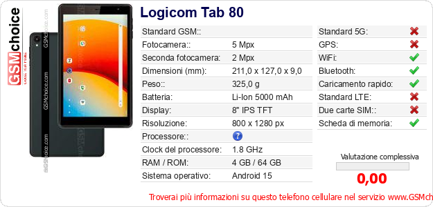 Logicom Tab 80 Dati tecnici di telefono cellulare 