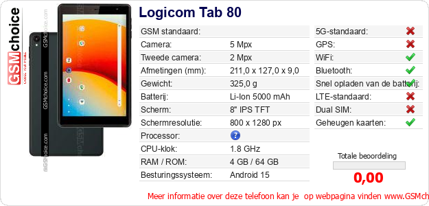 Logicom Tab 80 Technische gegevens Logicom Tab 80 Technische gegevens