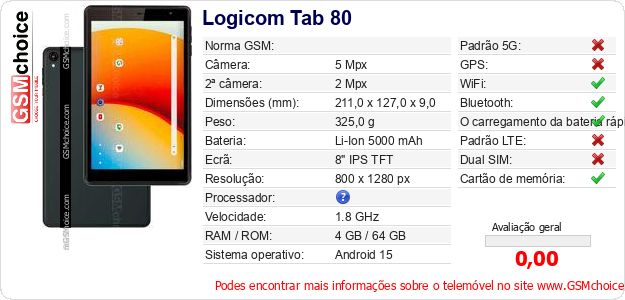 Logicom Tab 80 Especificações técnicas do telemóvel Logicom Tab 80 Especificações técnicas do telemóvel