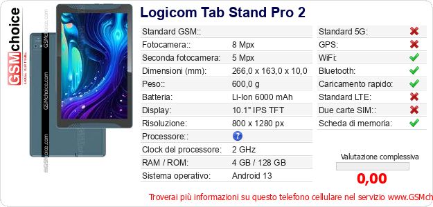 Logicom Tab Stand Pro 2 Dati tecnici di telefono cellulare 