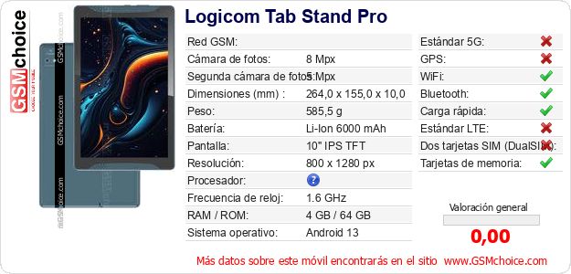 Logicom Tab Stand Pro Datos técnicos del móvil Logicom Tab Stand Pro Datos técnicos del móvil