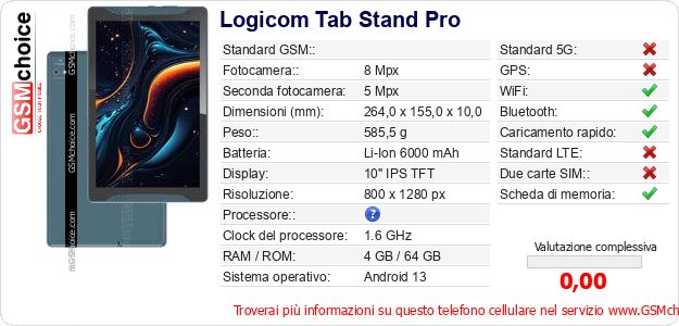Logicom Tab Stand Pro Dati tecnici di telefono cellulare 