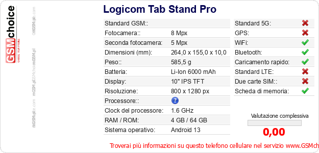 Logicom Tab Stand Pro Dati tecnici di telefono cellulare 