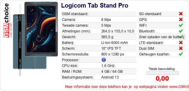 Logicom Tab Stand Pro Technische gegevens 