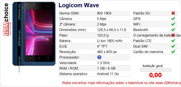 Logicom Wave Especificações técnicas do telemóvel Logicom Wave Especificações técnicas do telemóvel