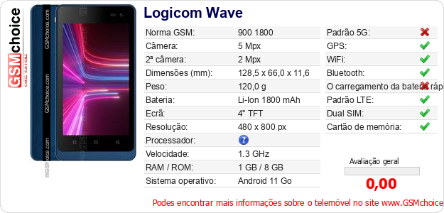 Logicom Wave Especificações técnicas do telemóvel 
