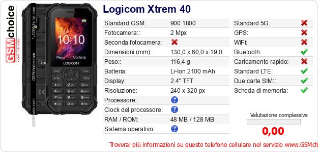 Logicom Xtrem 40 Dati tecnici di telefono cellulare 
