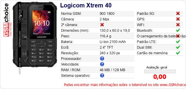 Logicom Xtrem 40 Especificações técnicas do telemóvel Logicom Xtrem 40 Especificações técnicas do telemóvel