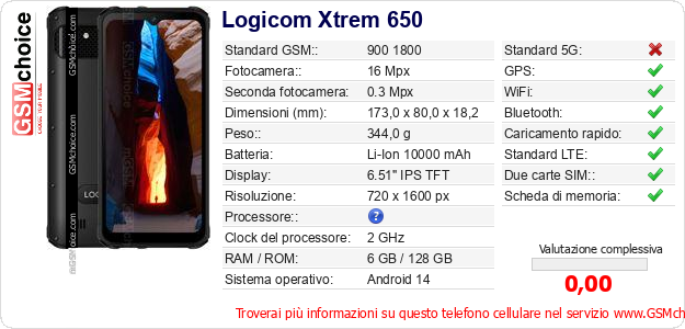 Logicom Xtrem 650 Dati tecnici di telefono cellulare Logicom Xtrem 650 Dati tecnici di telefono cellulare