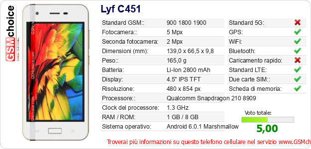 Lyf C451 Dati tecnici di telefono cellulare 