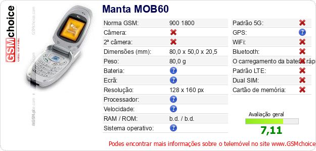 Manta MOB60 Especificações técnicas do telemóvel Manta MOB60 Especificações técnicas do telemóvel