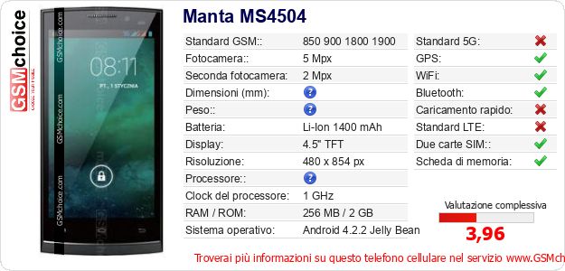 Manta MS4504 Dati tecnici di telefono cellulare Manta MS4504 Dati tecnici di telefono cellulare