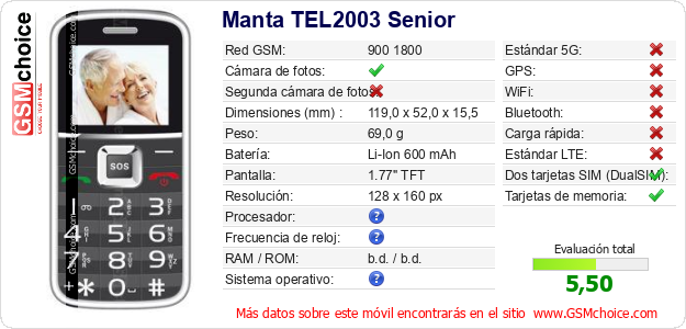 Manta TEL2003 Senior Datos técnicos del móvil 