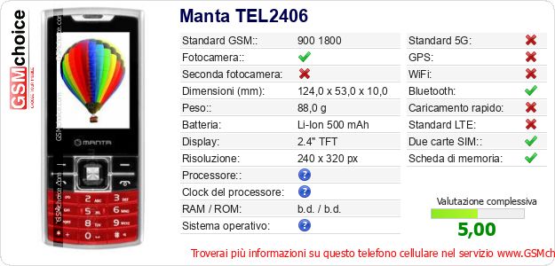 Manta TEL2406 Dati tecnici di telefono cellulare Manta TEL2406 Dati tecnici di telefono cellulare