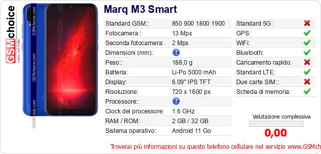 Marq M3 Smart Dati tecnici di telefono cellulare Marq M3 Smart Dati tecnici di telefono cellulare