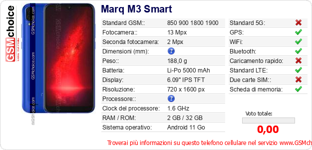 Marq M3 Smart Dati tecnici di telefono cellulare 