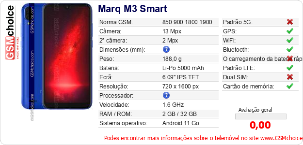 Marq M3 Smart Especificações técnicas do telemóvel Marq M3 Smart Especificações técnicas do telemóvel