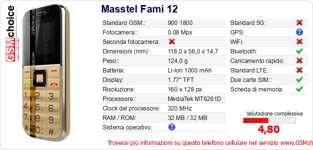 Masstel Fami 12 Dati tecnici di telefono cellulare Masstel Fami 12 Dati tecnici di telefono cellulare