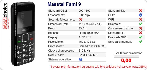 Masstel Fami 9 Dati tecnici di telefono cellulare Masstel Fami 9 Dati tecnici di telefono cellulare