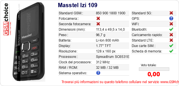 Masstel Izi 109 Dati tecnici di telefono cellulare Masstel Izi 109 Dati tecnici di telefono cellulare
