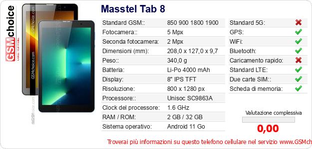 Masstel Tab 8 Dati tecnici di telefono cellulare Masstel Tab 8 Dati tecnici di telefono cellulare