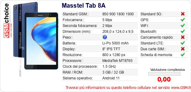 Masstel Tab 8A Dati tecnici di telefono cellulare Masstel Tab 8A Dati tecnici di telefono cellulare