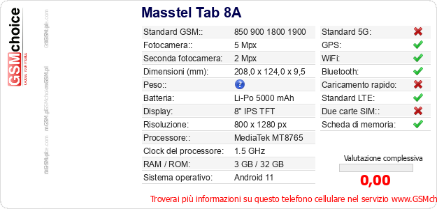 Masstel Tab 8A Dati tecnici di telefono cellulare Masstel Tab 8A Dati tecnici di telefono cellulare
