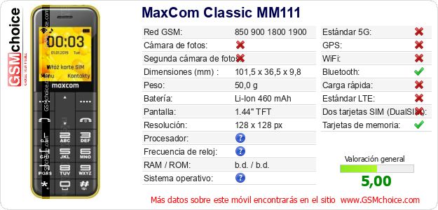 MaxCom Classic MM111 Datos técnicos del móvil MaxCom Classic MM111 Datos técnicos del móvil