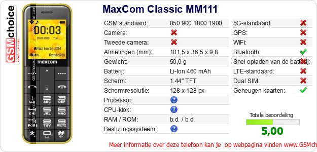 MaxCom Classic MM111 Technische gegevens 