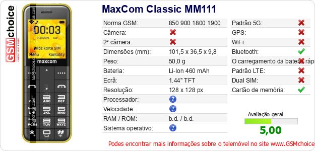 MaxCom Classic MM111 Especificações técnicas do telemóvel 