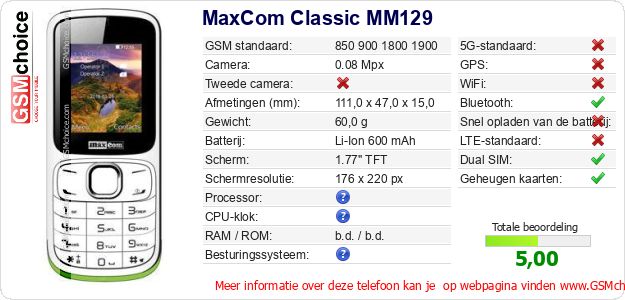 MaxCom Classic MM129 Technische gegevens MaxCom Classic MM129 Technische gegevens