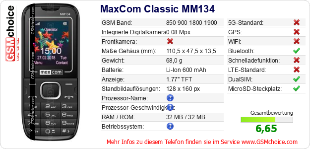 MaxCom Classic MM134 technische Daten MaxCom Classic MM134 technische Daten