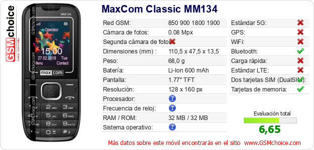 MaxCom Classic MM134 Datos técnicos del móvil MaxCom Classic MM134 Datos técnicos del móvil