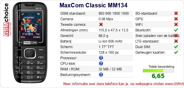 MaxCom Classic MM134 Technische gegevens MaxCom Classic MM134 Technische gegevens