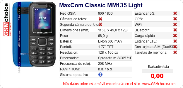 MaxCom Classic MM135 Light Datos técnicos del móvil MaxCom Classic MM135 Light Datos técnicos del móvil