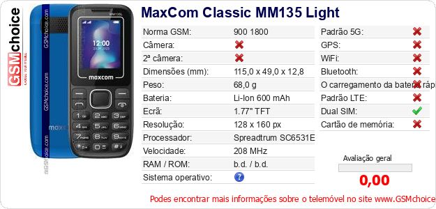 MaxCom Classic MM135 Light Especificações técnicas do telemóvel MaxCom Classic MM135 Light Especificações técnicas do telemóvel